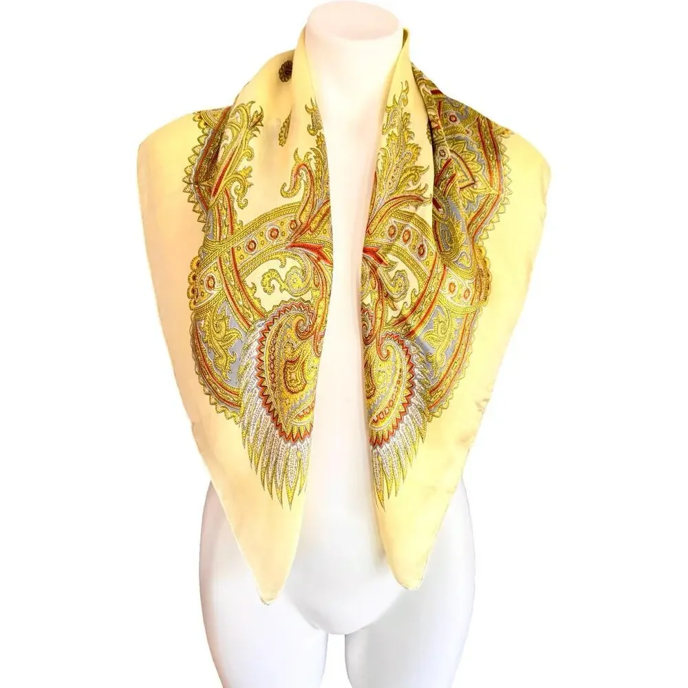 Vintage 1970s Silk Paisley Scarf Ivory Gold Hand Rolled Edges 33” Square British